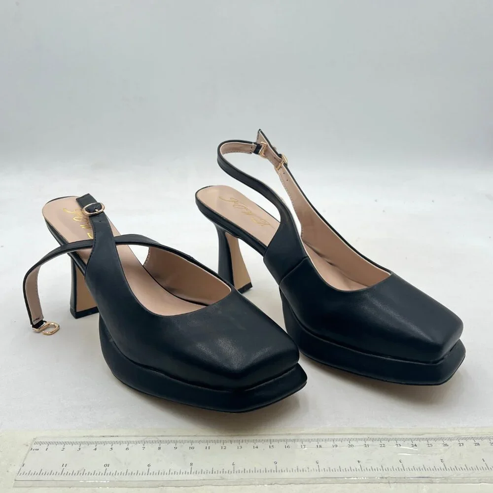 FOWT Black Platform Square Toe Pumps Block High Heels Slingbacks Work Shoes - Picture 4 of 8